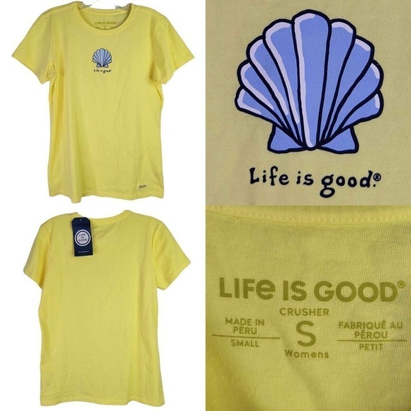 Life is Good T-Shirt Crusher SS Yellow Seashell Women’s Size Small S Flaw New - Picture 1 of 10